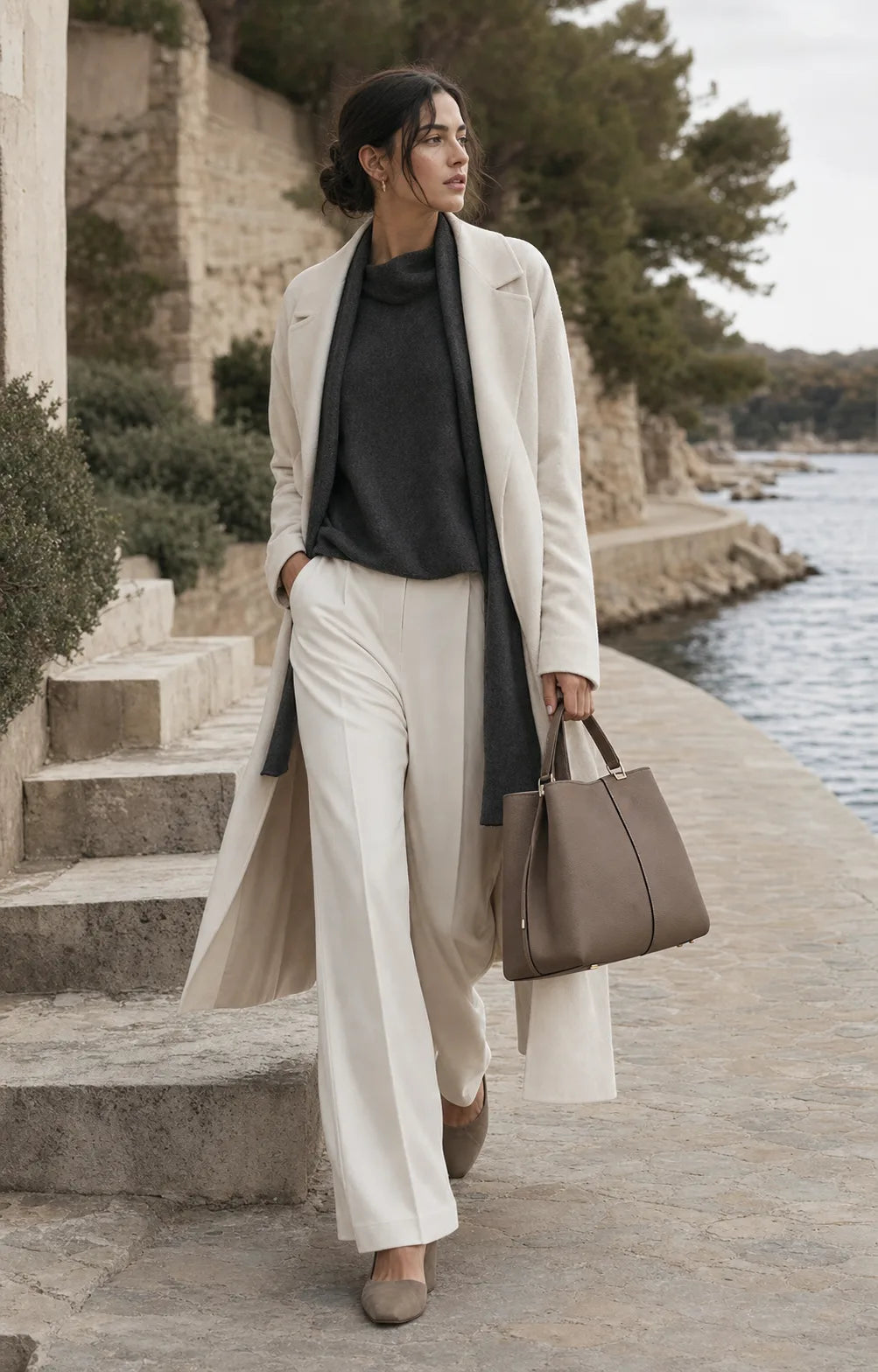 Model walking beside the shoreline carrying an AELA handbag