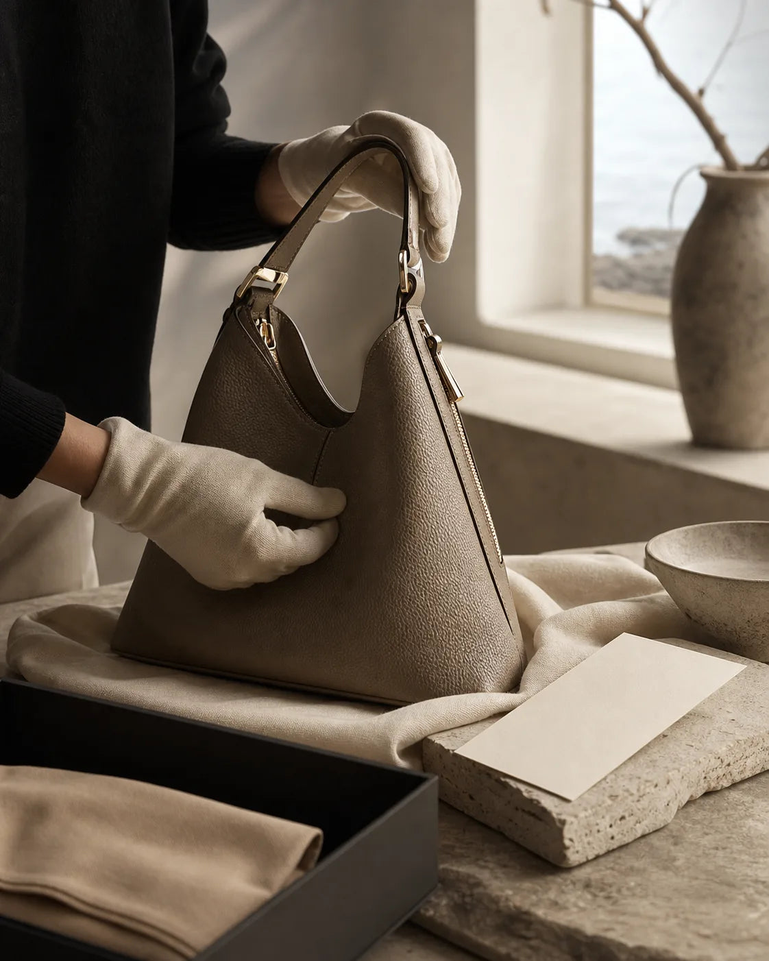 Gloved hands preparing an AELA handbag for care